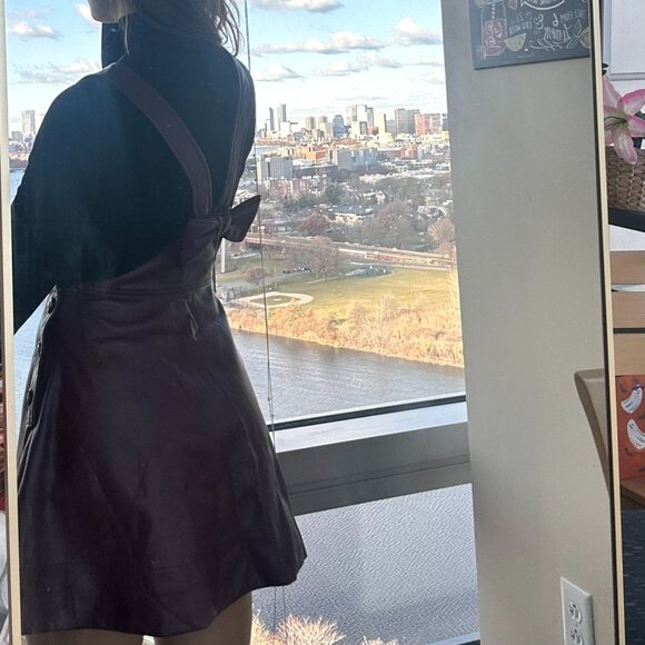 Wine-Purple Faux Leather Pinafore Dress with Side Buttons & Back Bow - Picture 5 of 5